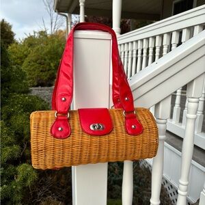 Vintage MCM Rattan Handbag with Red Leather Straps and Turn Lock Closure